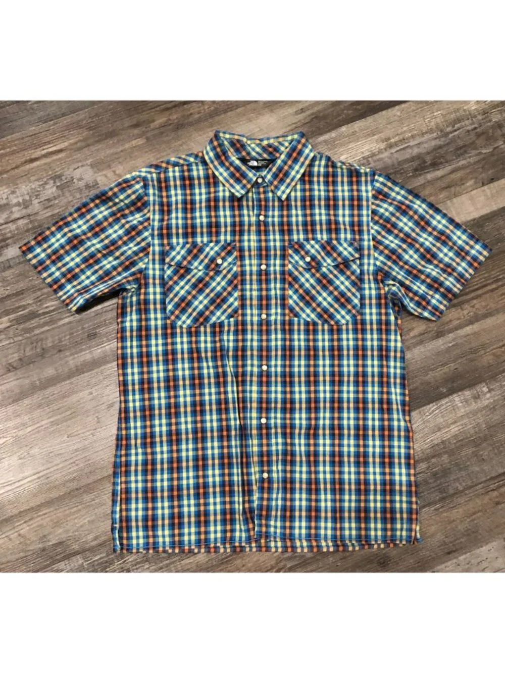 The North Face Mens Medium Blue Plaid Short Sleeve Pearl Snap Shirt